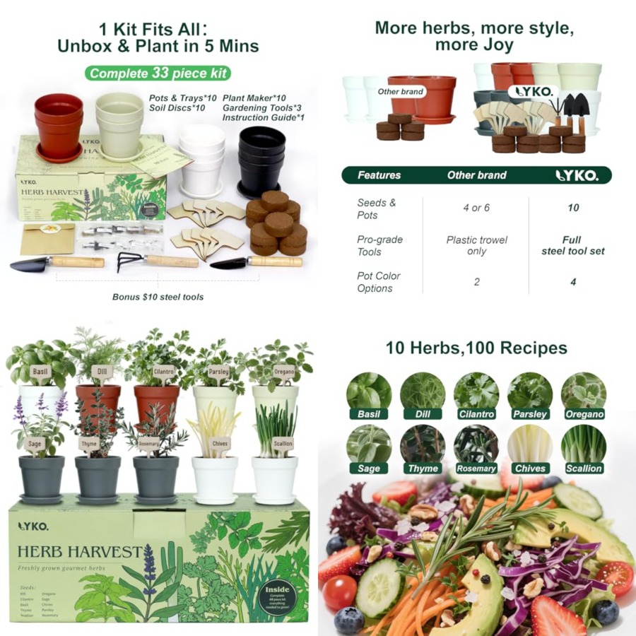 Gardening Tools Gift Ideas - 10 Indoor Herb Garden Kit, 33pcs